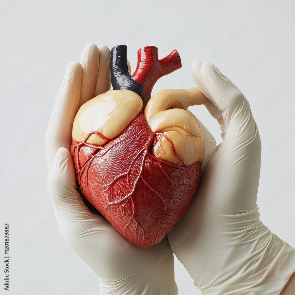 Poster realistic anatomical heart held in gloved hands showcasing intricate details and structure for educa