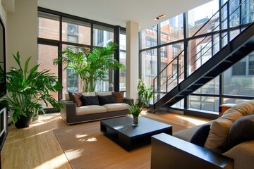 Fototapeta premium Spacious open-concept living room with modern furniture, plants, and large windows
