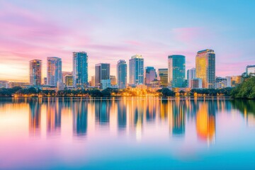 Naklejka premium Stunning city skyline at dusk with vibrant reflections on water showcasing a breathtaking view of modern architecture, urban charm, and serene beauty of nature combined.
