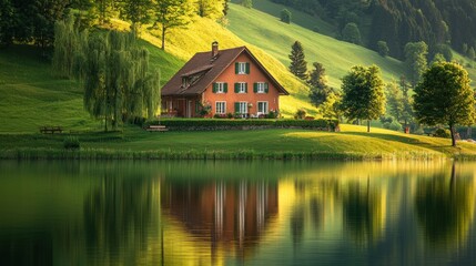 Fototapeta premium Lakeside house reflection.