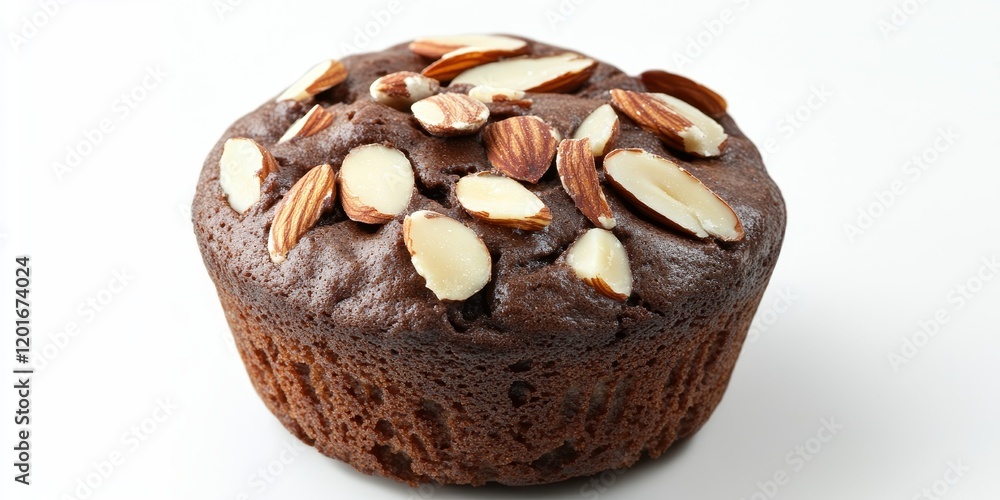 Poster selective focus on a delicious chocolate muffin topped with almond slices, showcasing the rich textu