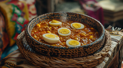 Traditional stew served in a rustic bowl, garnished with boiled eggs, featuring vibrant textures and rich cultural ambiance