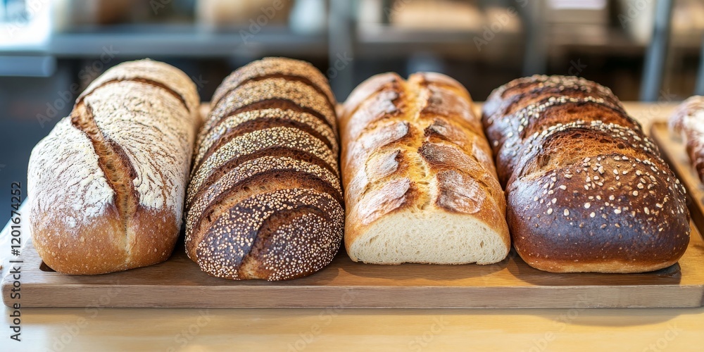 Poster freshly baked bread in a bakery. five delicious loafs of wheat and rye bread are presented on the ta