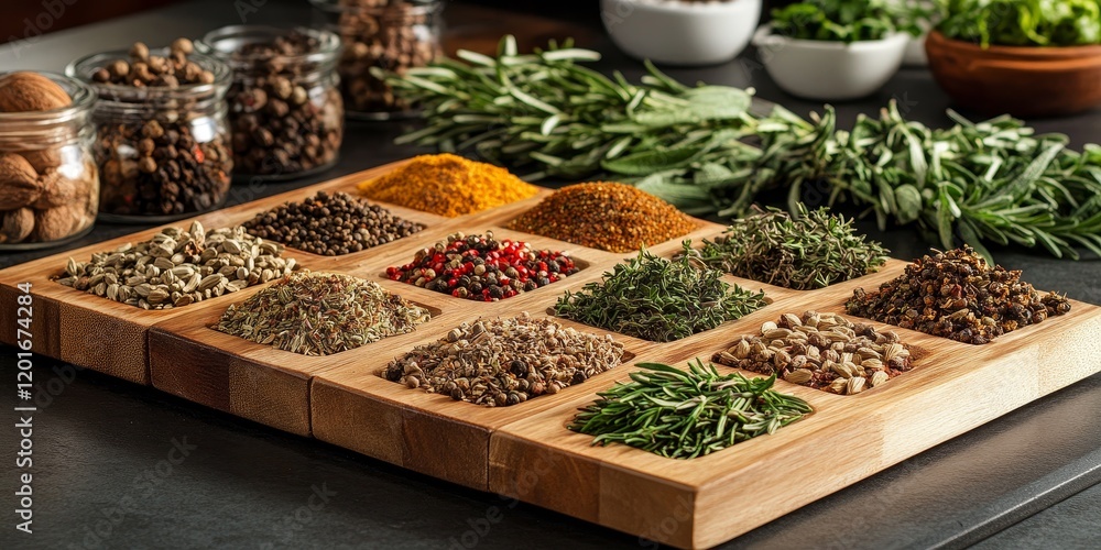 Poster assorted herbs and spices beautifully arranged on wooden boards create a visually appealing display 