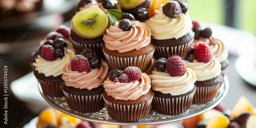 Poster A tiered tray showcases an array of cupcakes adorned with fresh fruit and delightful chocolate decorations, creating a visually appealing display of treats.