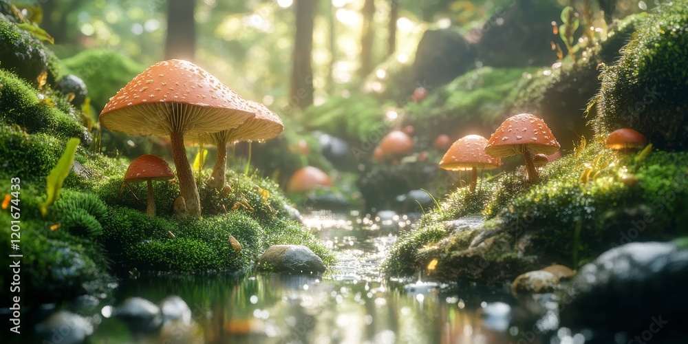 Poster in this captivating close up, a magical world reveals itself through lush moss and enchanting mushro