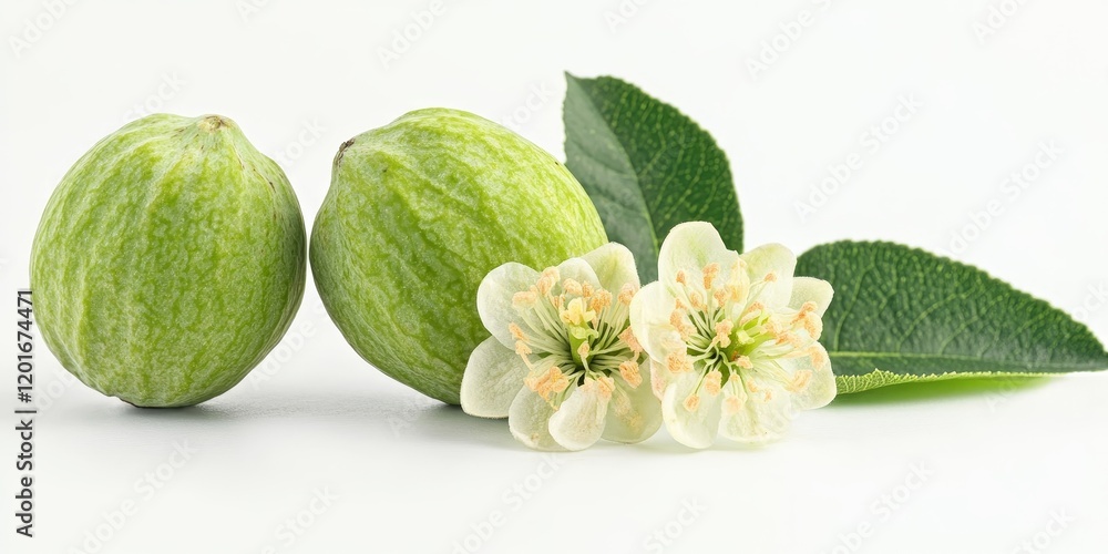 Poster green walnut and green walnut flower isolated against a white background, showcasing the unique feat