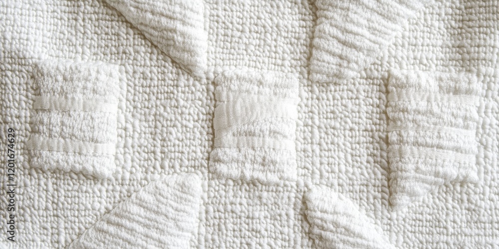 Poster close up of a white textile texture featuring seams arranged in a cross pattern, highlighting the in