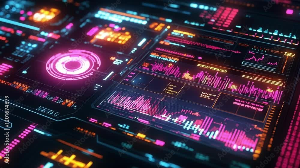 Poster futuristic neon glowing user interface displays various data points, statistics, graphs, and charts,