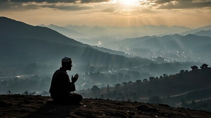 Silhouette of a people pray to the Allah on hill, Ramadhan kareem