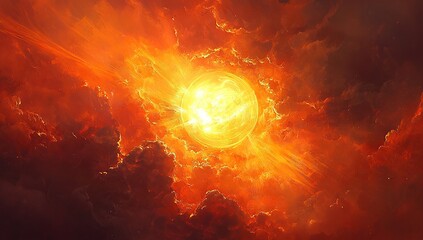 Fototapeta premium A bright, radiant sun shines in the sky, with rays of light spreading across the scene