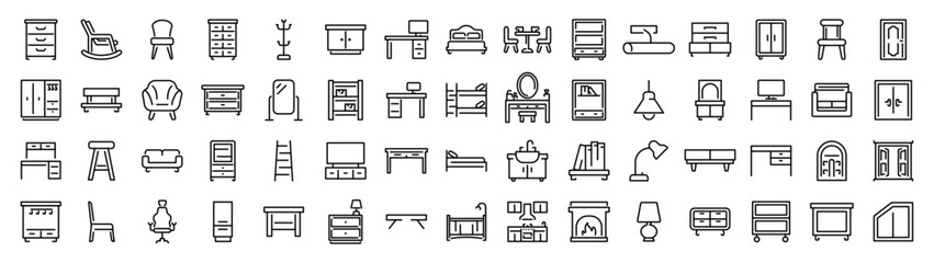 Home furniture icons collection, desk, bathroom, bathtub, ceiling lamp, chair, sink, tv table, curtain, drawer, sofa, house door, mirror, cupboard, cabinet. editable stroke.
