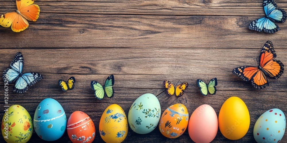 Aufkleber easter background featuring colorful easter eggs and butterflies placed on a wooden surface, creatin