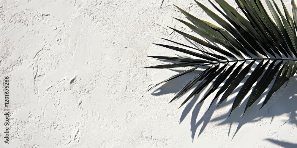 Aufkleber Shadow of palm leaves cast on a textured white background, creating a striking visual effect. The palm leaves shadow enhances the simplicity of the white background beautifully.