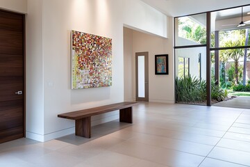 Fototapeta premium Contemporary entryway displaying a fused space with a shoe rack and wall art