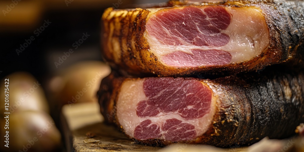 Poster close up of pink dry pork ham showcasing its texture and color during the cooking process, highlight