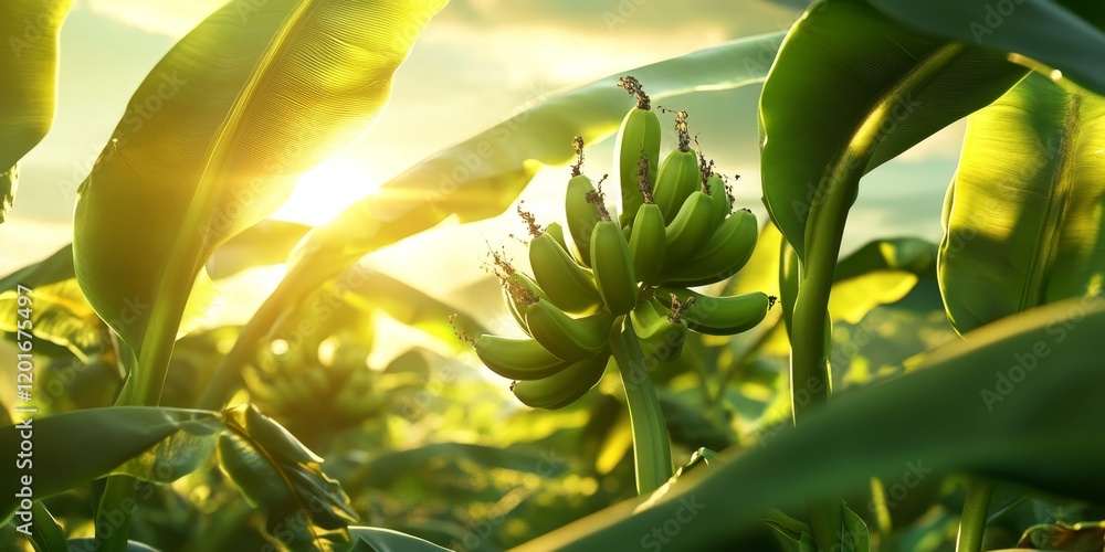 Poster a detailed view of a green banana fruit developing in a garden setting is captured. this garden scen