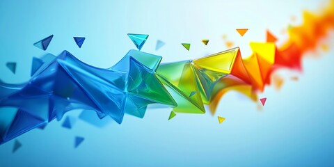 A blue background is paired with colorful glass arrows and triangles to create an abstract,