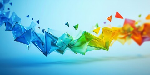 A blue background is paired with colorful glass arrows and triangles to create an abstract,