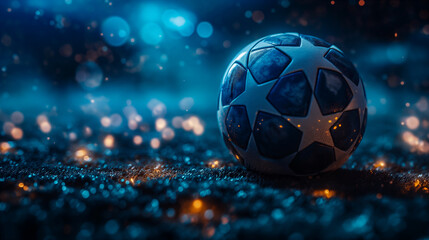 Champions league match ball on snow-covered pitch under starry sky. Generative AI