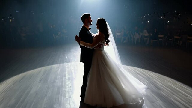360-degree rotation video, strong rim lighting highlights bride and groom during their first dance, dynamic and dramatic