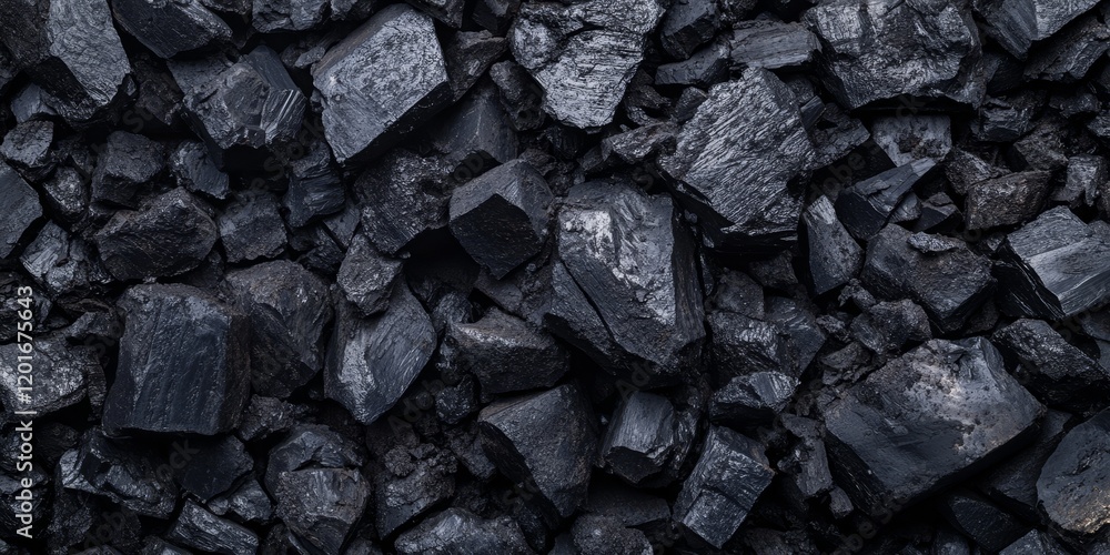 Poster Large pieces of black coal arranged in a pile create a striking background. The texture of the black coal adds depth and character to the visual, making it an impactful image of black coal.