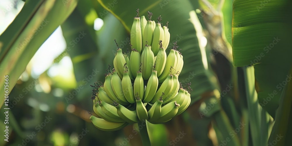 Poster a detailed view of a green banana fruit developing in a garden setting is captured. this garden scen