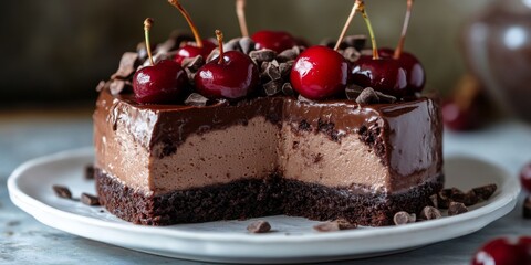 Delicious chocolate cake topped with cherries, featuring a rich homemade praline chocolate cheesecake layer. This chocolate cake is perfect for dessert lovers seeking a delightful treat.