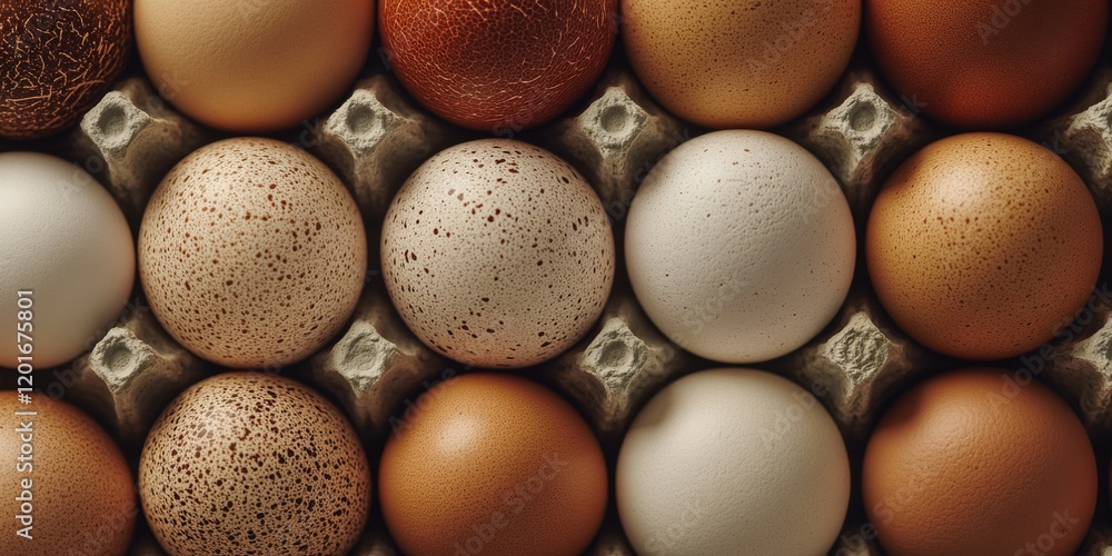 Poster Close up of chicken eggs arranged in containers, showcasing the natural textures and colors of chicken eggs in a detailed view that highlights the uniqueness of each chicken egg.