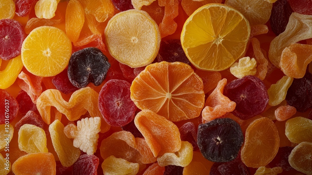 Poster background featuring a variety of assorted dried fruits, showcasing an appealing blend of colors and