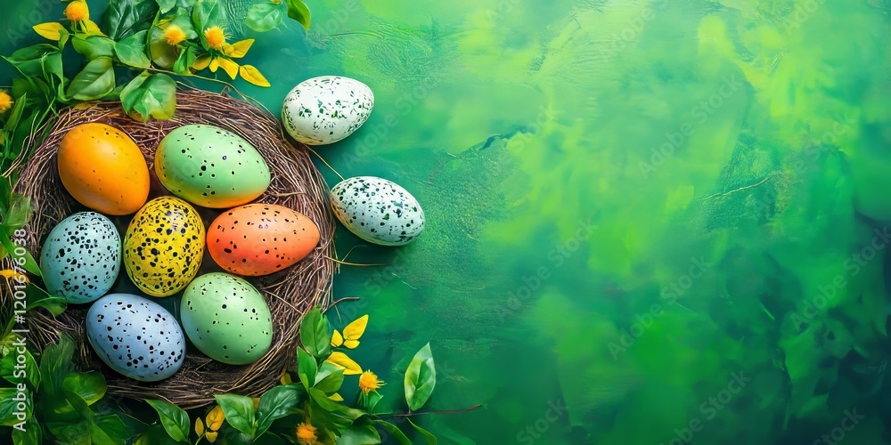 Poster vibrant easter decoration background featuring colorful eggs in a delightful springtime composition,
