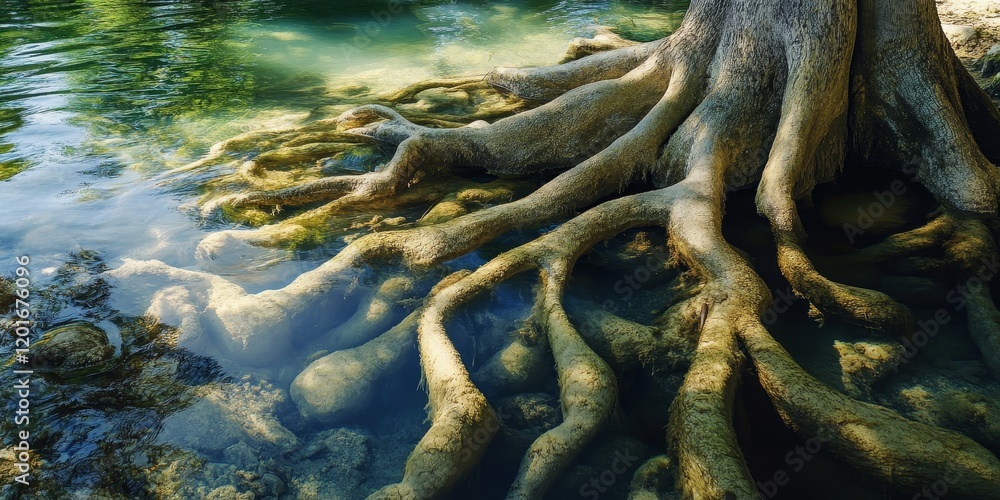 Poster tree roots submerged in water create a unique image, showcasing the beauty of nature. the scene capt