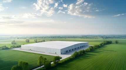 Aerial shot of a distribution warehouse surrounded by farmland
