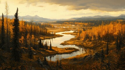 Fototapeta premium Scenic autumn landscape with winding river, golden aspen trees, and distant mountains under a dramatic sky.
