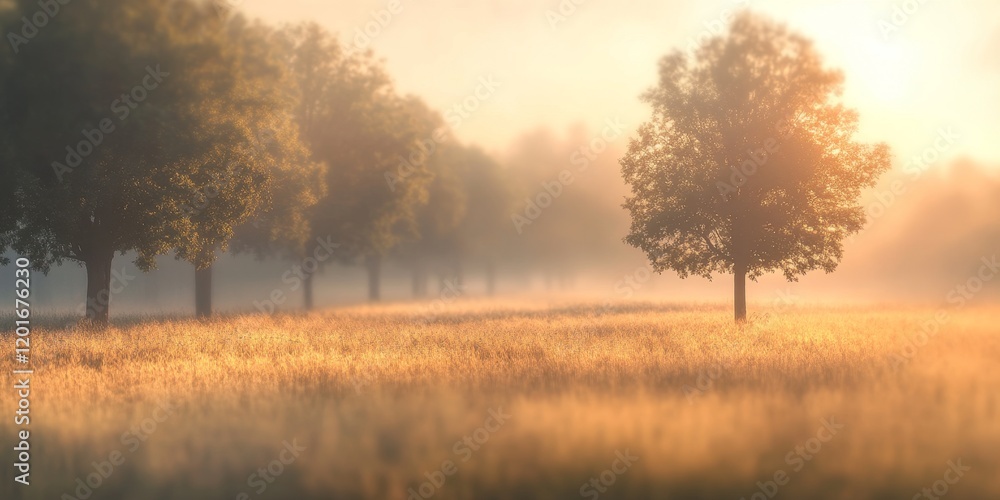 Poster defocused trees in the fields create a serene morning atmosphere, highlighting the beauty of nature.
