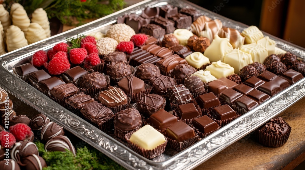 Aufkleber assorted chocolates and confectionery displayed elegantly on a silver tray, perfect for showcasing d
