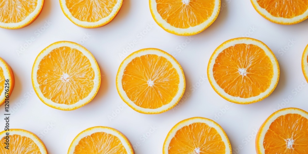 Poster macro image showcasing vibrant ripe orange slices arranged over a clean white background, highlighti