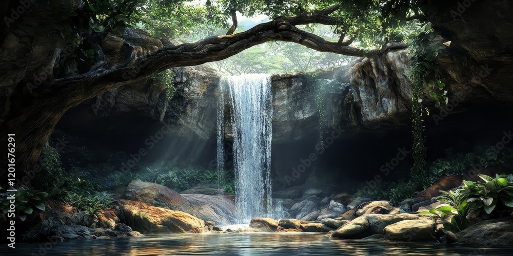 Poster waterfall cascading into an underground cave features a fallen tree, creating a stunning scene of na