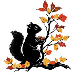 Black squirrel is holding two acorns in its mouth