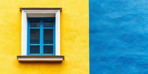 Fragment of vibrant yellow and blue walls showcasing an interesting architectural detail, emphasizing the unique interplay of colors in the building s design. Yellow and blue walls bring character.