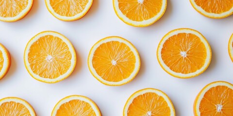 Fototapeta premium Macro image showcasing vibrant ripe orange slices arranged over a clean white background, highlighting the juicy texture and bright color of ripe oranges in stunning detail.