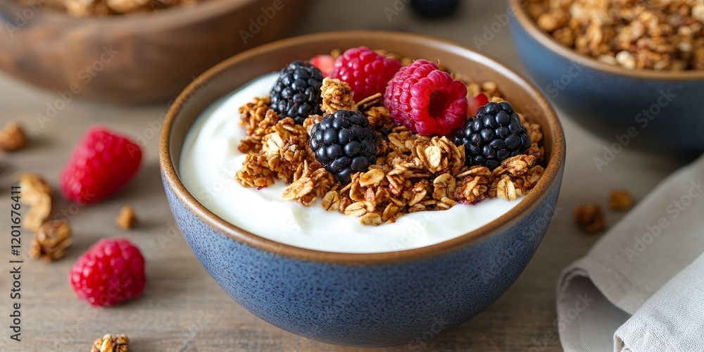 Aufkleber delicious yogurt served with baked granola and an assortment of berries in a small bowl. this yogurt