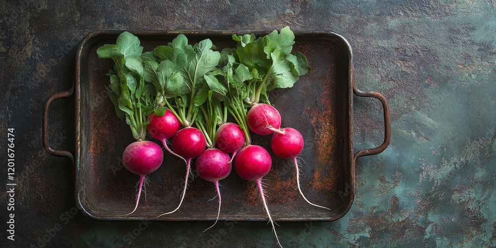 Poster fresh radish displayed on an antique baking tray, showcasing the vibrant colors and unique textures 