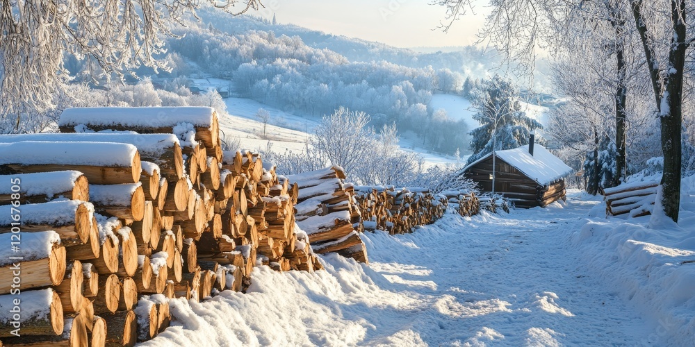 Poster a winter landscape features snow covered ground and neatly stacked firewood, which is intended for u