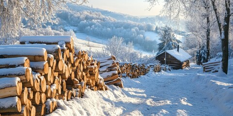 A winter landscape features snow covered ground and neatly stacked firewood, which is intended for use as a heat source during the cold season.