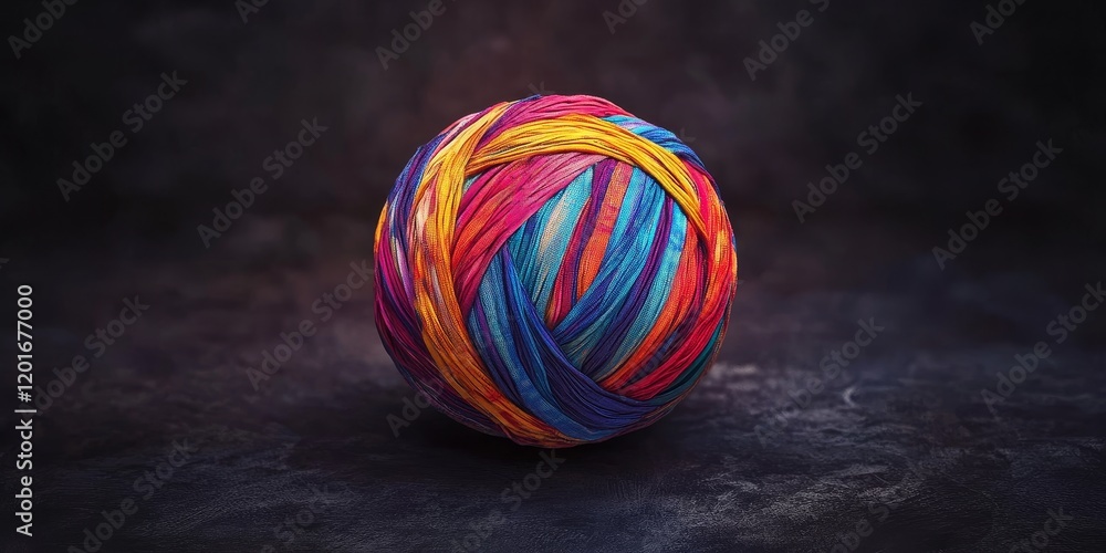 Poster vibrant cloth ball displayed on a dark background, showcasing the intricate textures and colors, the
