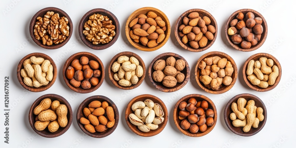 Aufkleber assorted nuts arranged in wooden plates on a white background, showcasing the variety of nuts availa