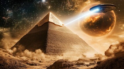 "UFO Spaceship Hovering Over Pyramids, Illuminating the Desert with Magical Light"