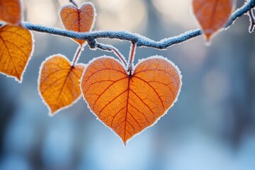 Obraz premium Celebrate Valentine's Day with this heartwarming image of frost-kissed heart-shaped leaves, a symbol of affectionate connection and tender gestures This evocative picture perfectly captures the