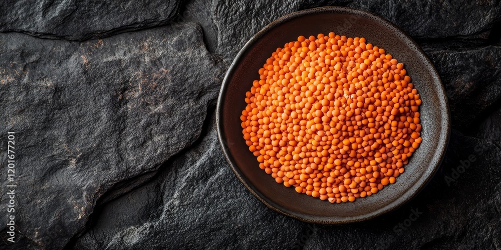 Aufkleber red lentils displayed in an aged ceramic plate set against a dark stone background. this top view sh